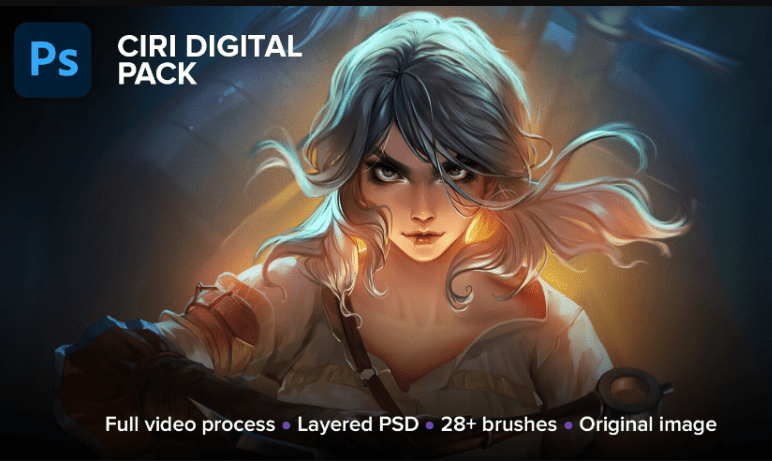 Artstation – Ciri Digital Package. Full process (26h10m), PSD, brushes, 3500×5000 image (Premium)